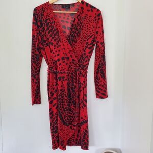 MARA HOFFMAN GYPSY M Red Black Leopard Faux Wrap 39" Dress LS Party Office EUC